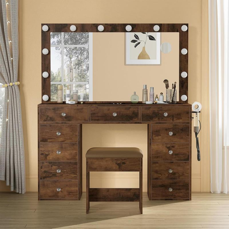 FUSOU 47" Vanity Desk with 11 Drawers, Power Outlet, Mirror, 12 LED Lights, 3 Lighting Modes, Glass Top, and Chair - Ideal Dressing Table for Bedroom and Dressing Room