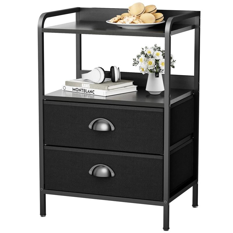 Rustic Brown and Black Nightstand with Open Shelf and Fabric Drawers for Bedroom and Living Room Storage