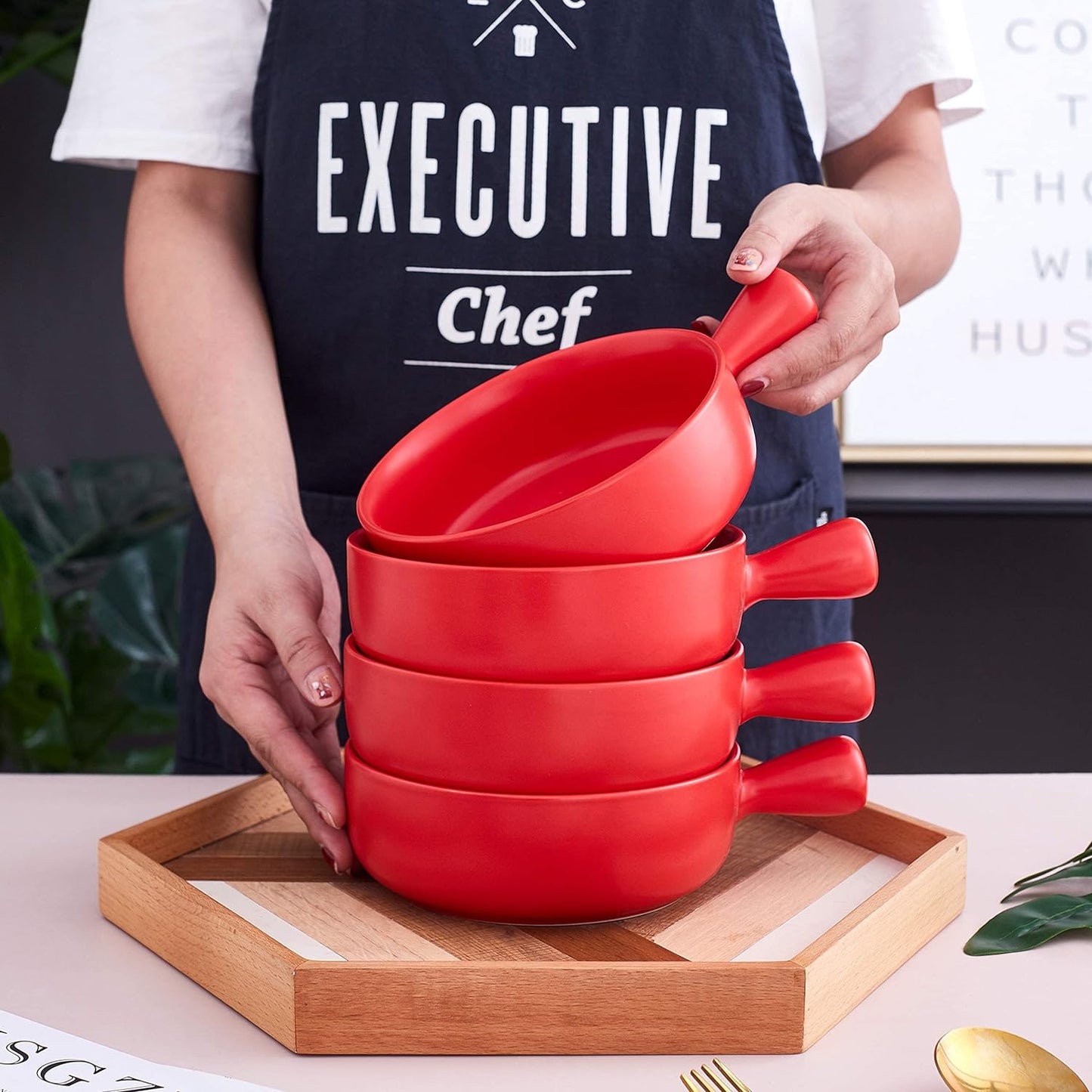 Set of 4 Red 20 Oz Round Flat Porcelain Soup Bowls with Handles for French Onion Soup, Ideal for Kitchen or Dining Table Decor