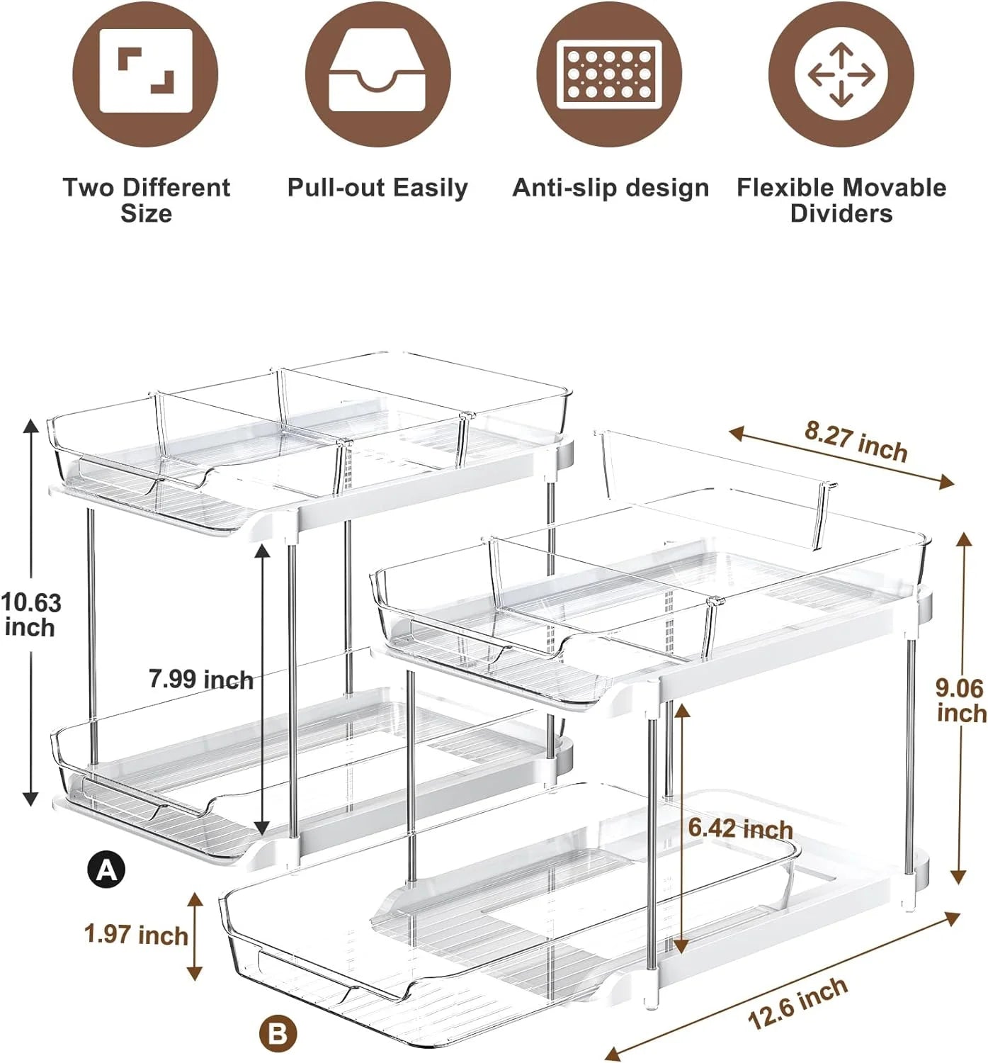 2-Pack Under Sink Organizer Set, 2-Tier Sliding Storage Solution for Bathroom and Kitchen Cabinets, Transparent Design