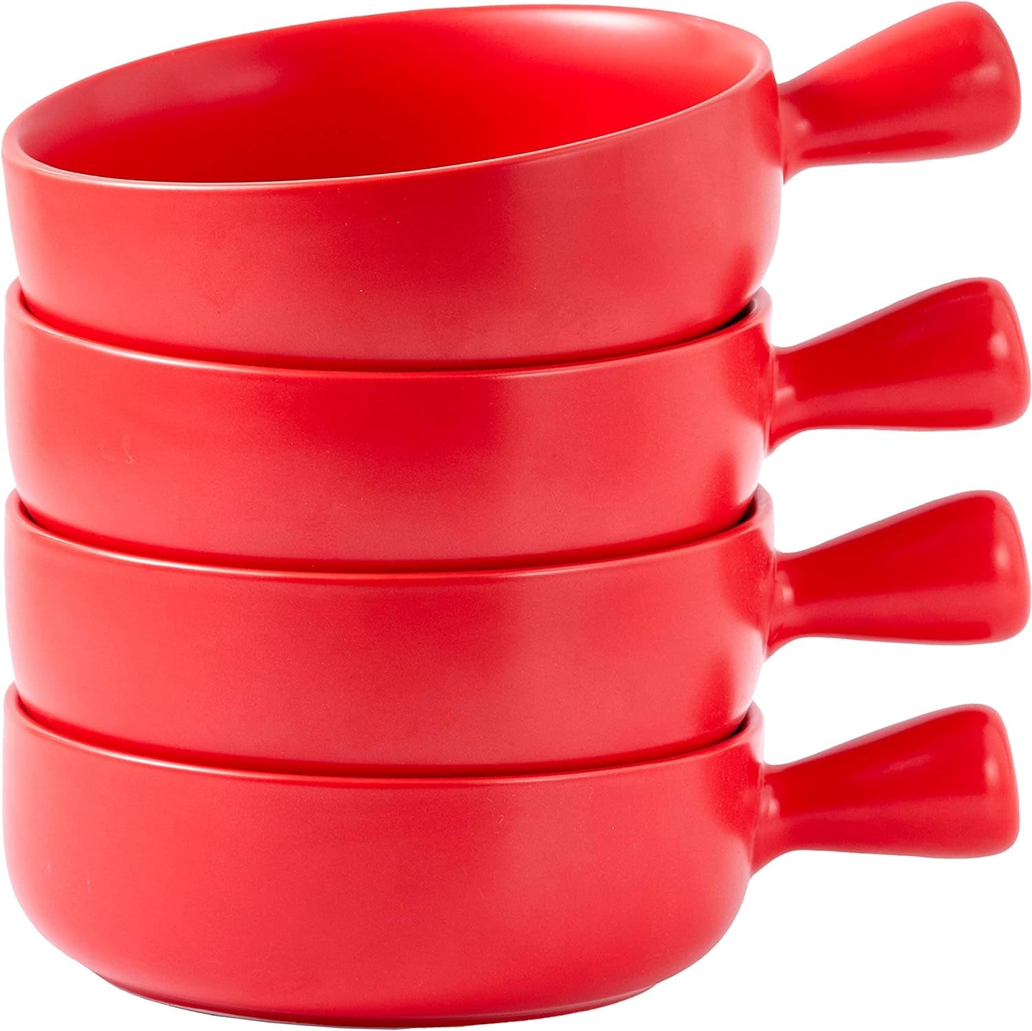 Set of 4 Red 20 Oz Round Flat Porcelain Soup Bowls with Handles for French Onion Soup, Ideal for Kitchen or Dining Table Decor